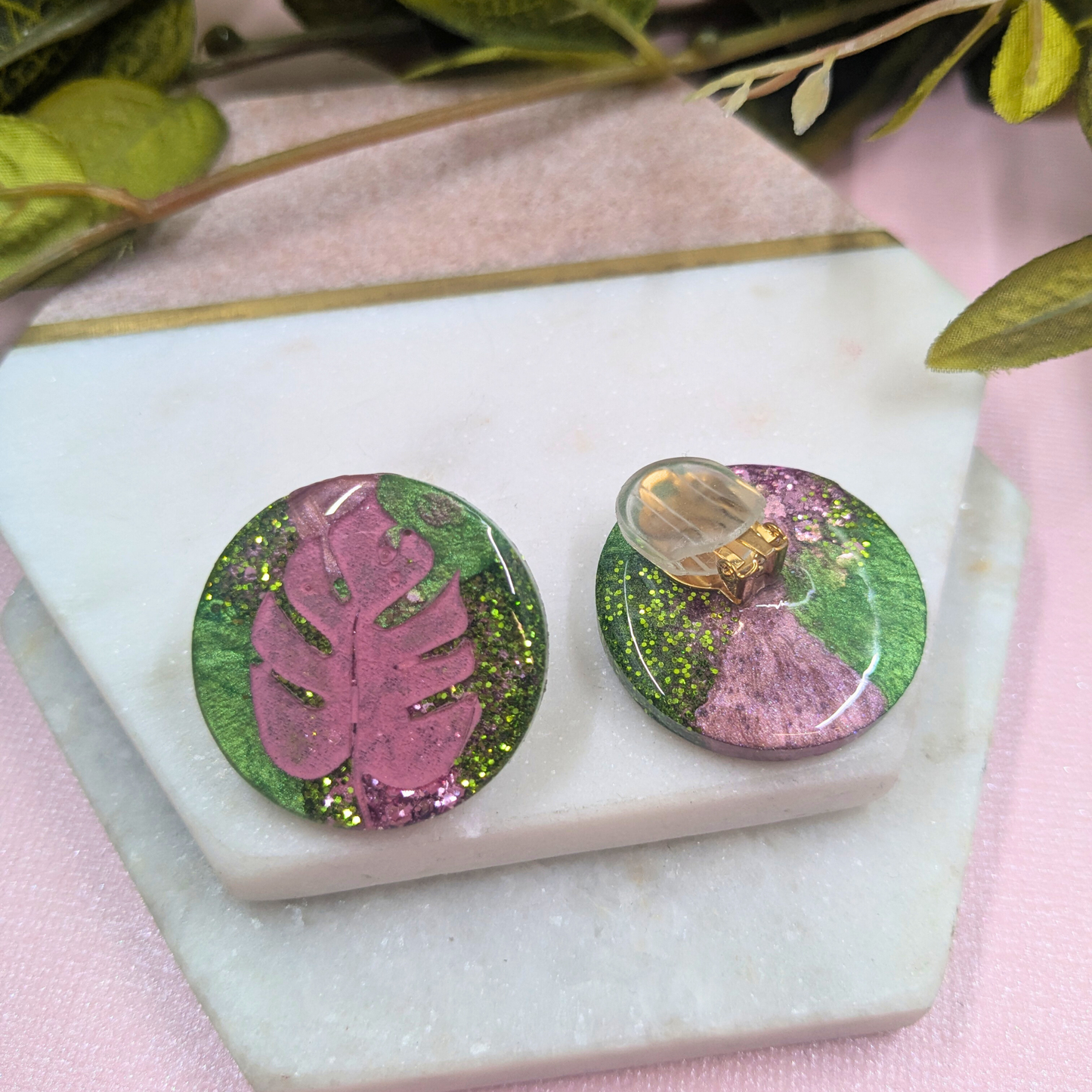Tania Pink Monstera Green Glitter Resin Clip-On Earrings | Botanical Jewellery by Created By Lau