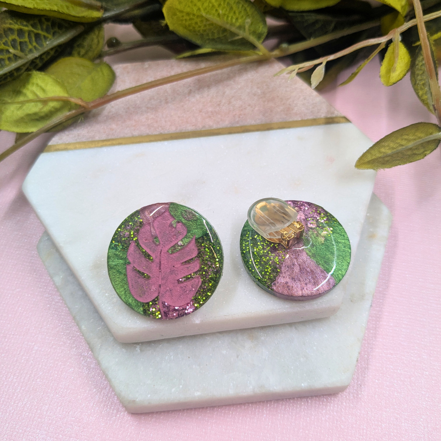 Tania Pink Monstera Green Glitter Resin Clip-On Earrings | Botanical Jewellery by Created By Lau