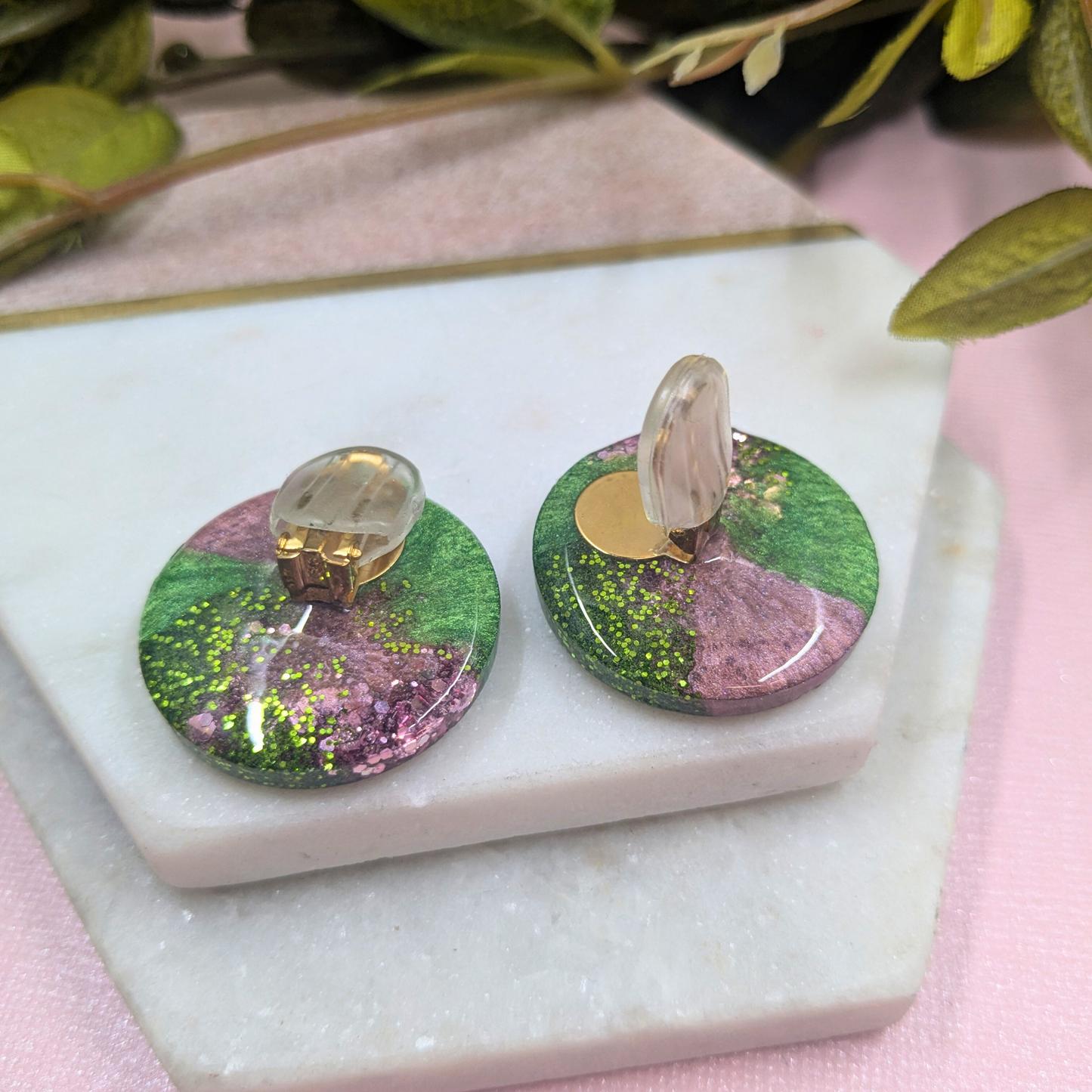 Tania Pink Monstera Green Glitter Resin Clip-On Earrings | Botanical Jewellery by Created By Lau