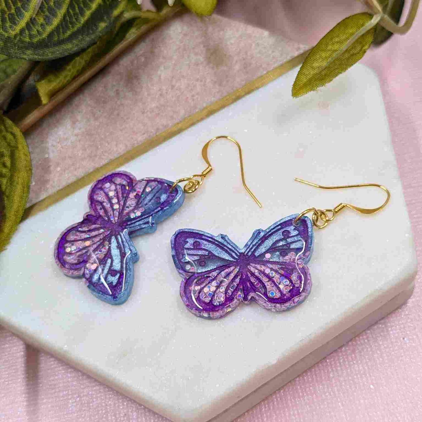 Yara Blue Pink Butterfly Dangle Earrings - Gold Plated Handmade UK