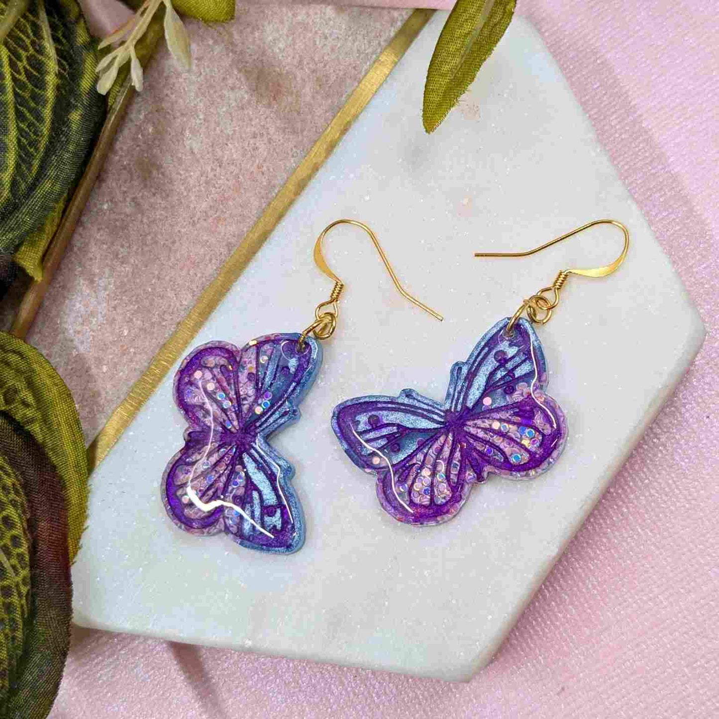 Yara Blue Pink Butterfly Dangle Earrings - Gold Plated Handmade UK