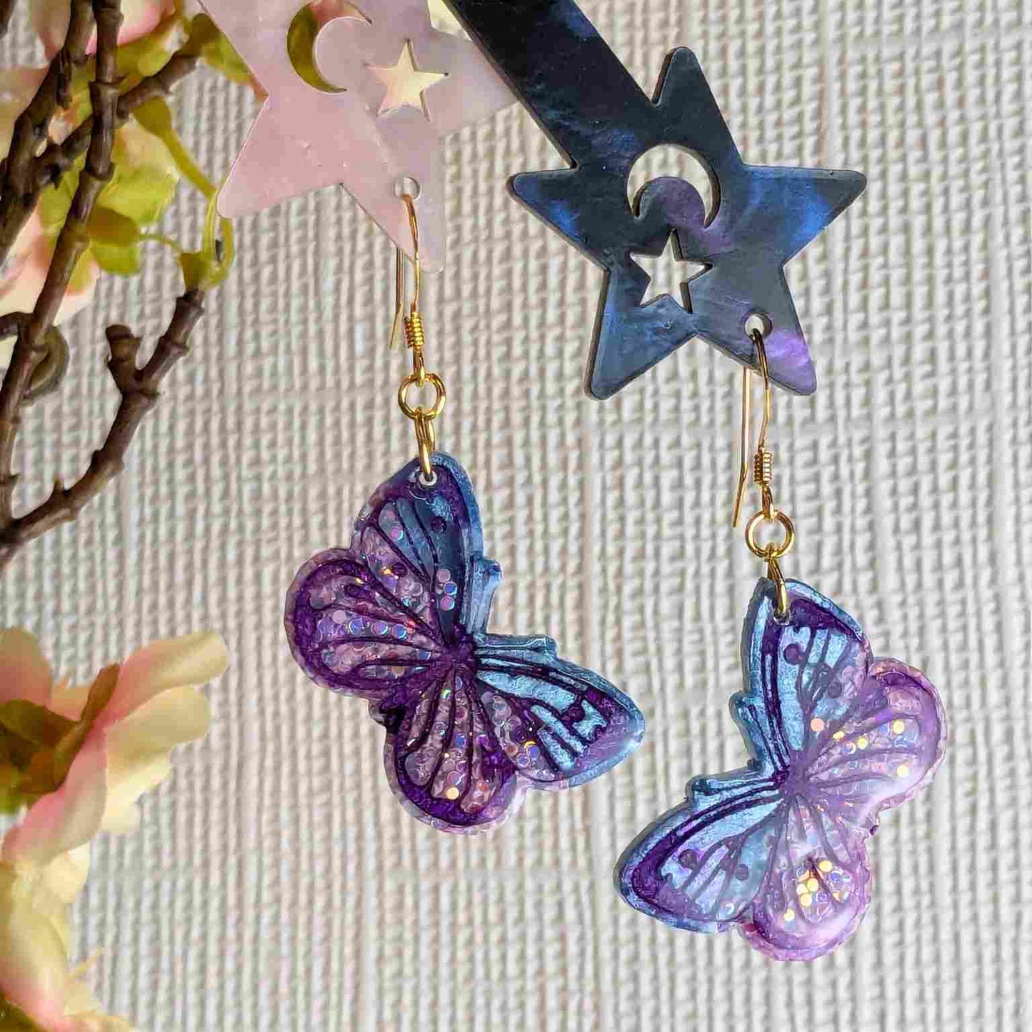 Yara Blue Pink Butterfly Dangle Earrings - Gold Plated Handmade UK