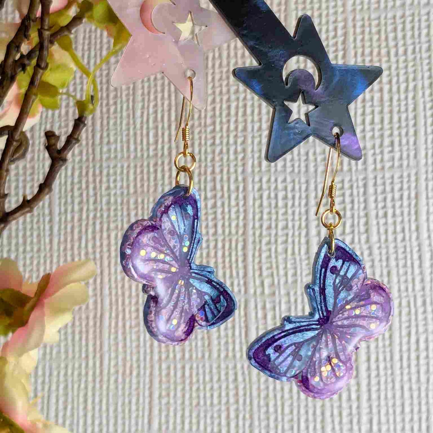 Yara Blue Pink Butterfly Dangle Earrings - Gold Plated Handmade UK