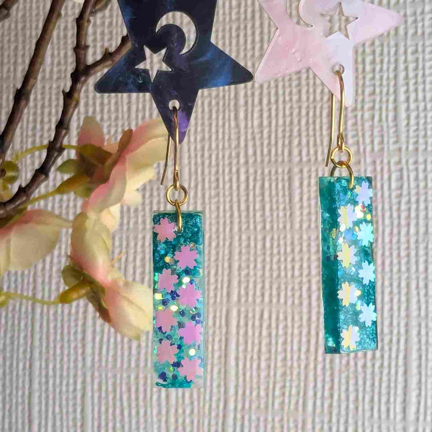 Odette Aqua Iridescent Flower Glitter Dangle Earrings - Handmade UK
