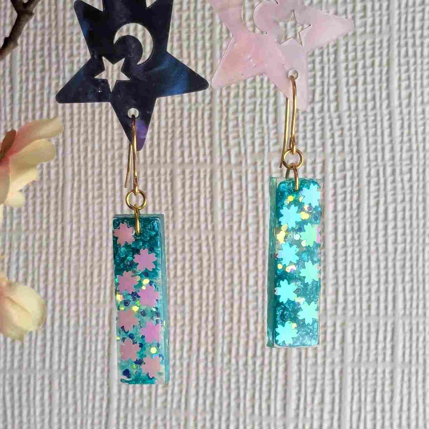 Odette Aqua Iridescent Flower Glitter Dangle Earrings - Handmade UK
