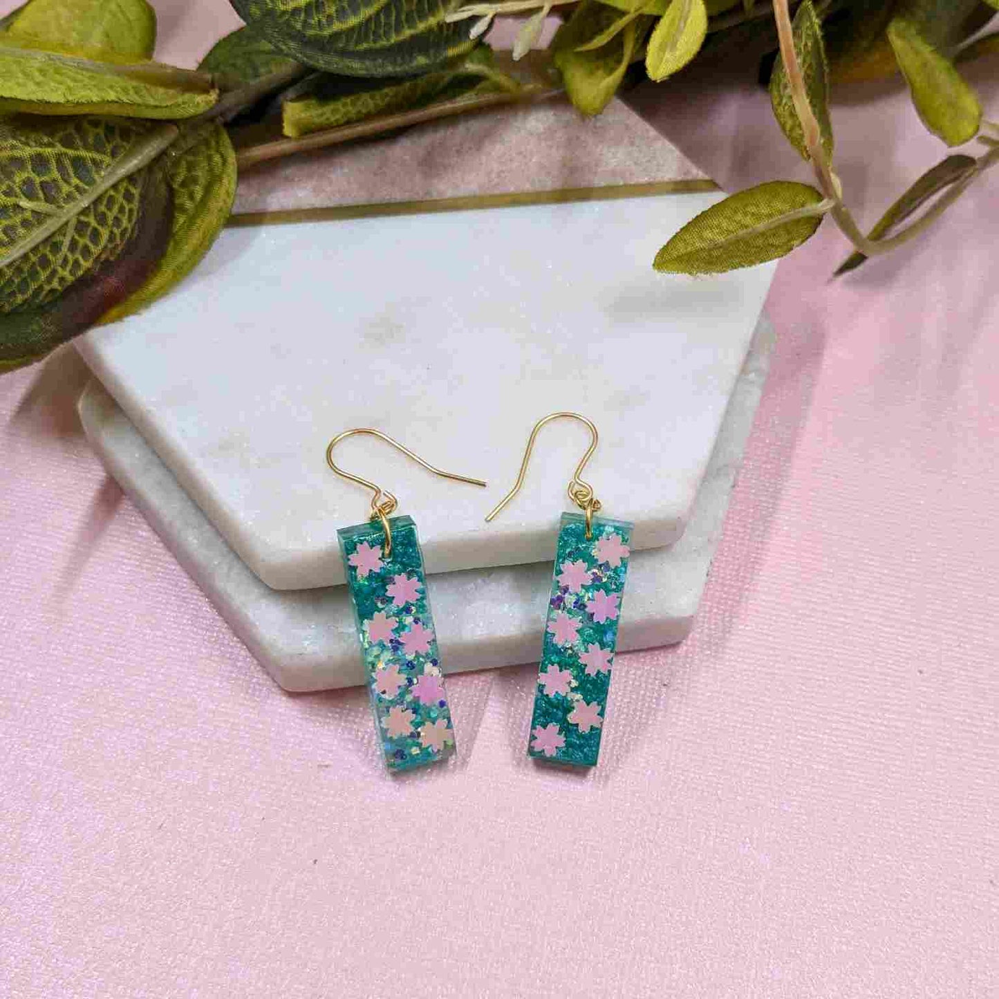 Odette Aqua Iridescent Flower Glitter Dangle Earrings - Handmade UK