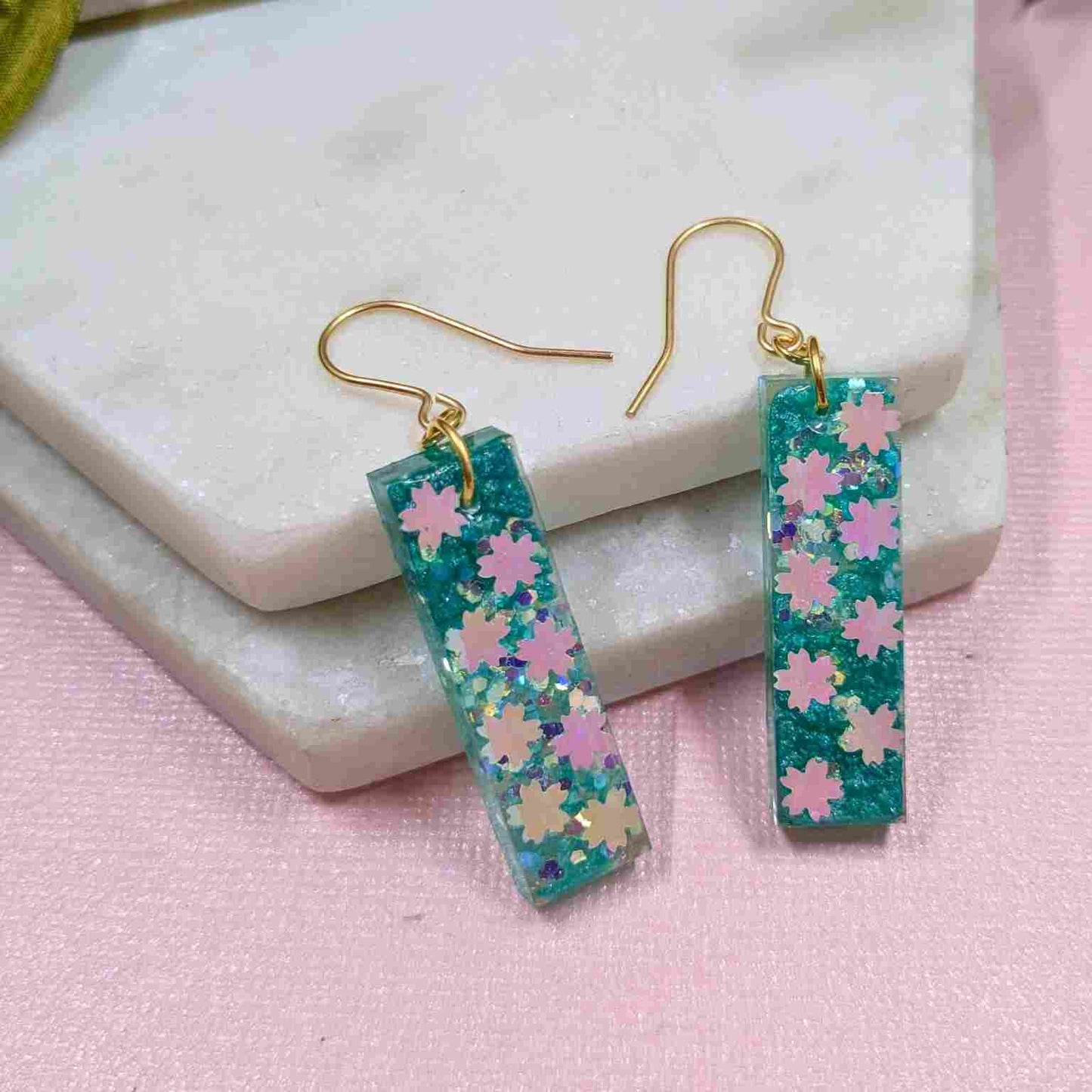 Odette Aqua Iridescent Flower Glitter Dangle Earrings - Handmade UK