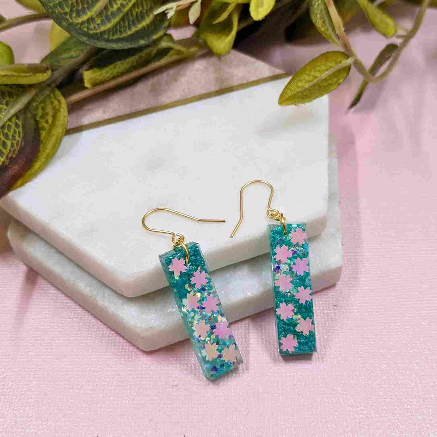 Odette Aqua Iridescent Flower Glitter Dangle Earrings - Handmade UK