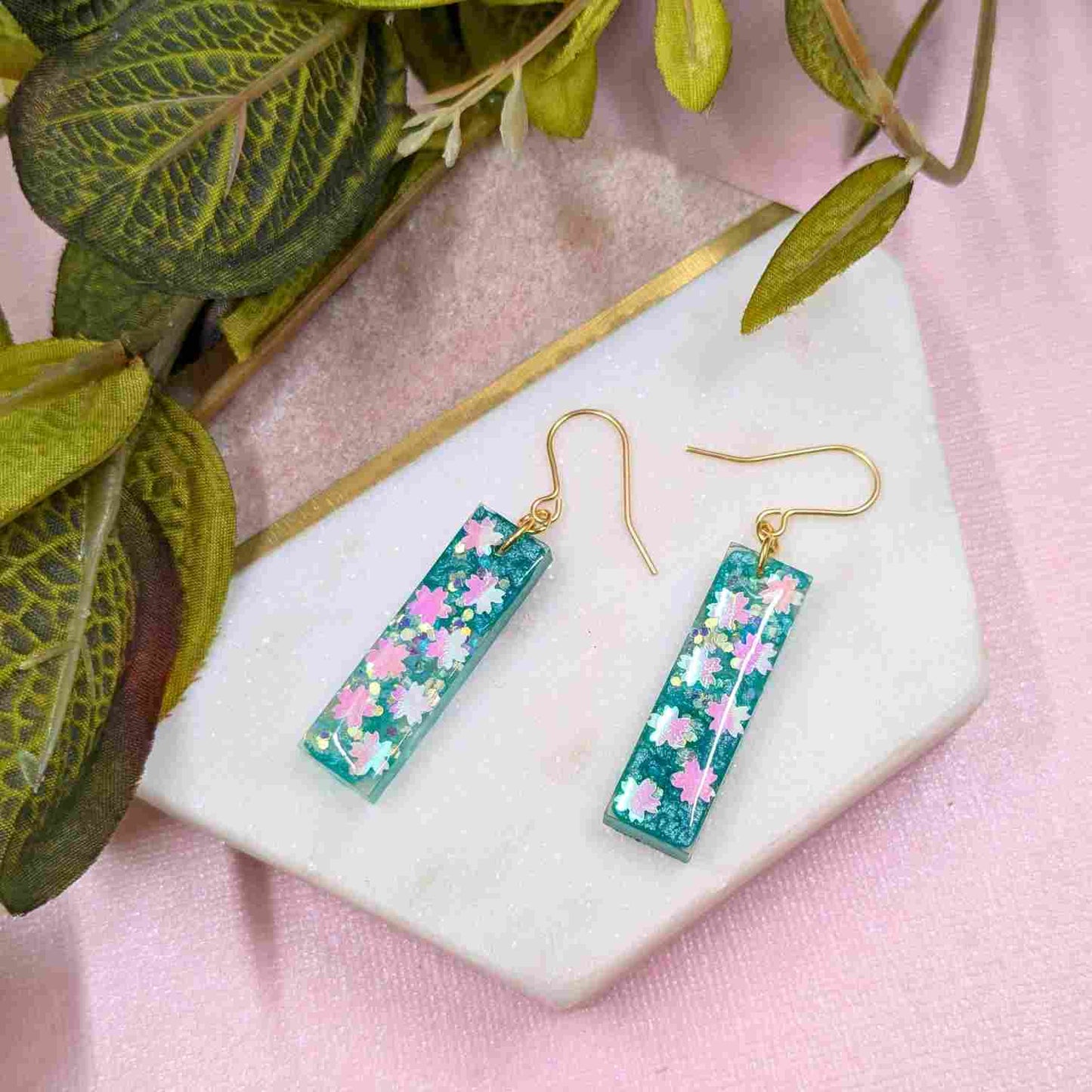 Odette Aqua Iridescent Flower Glitter Dangle Earrings - Handmade UK
