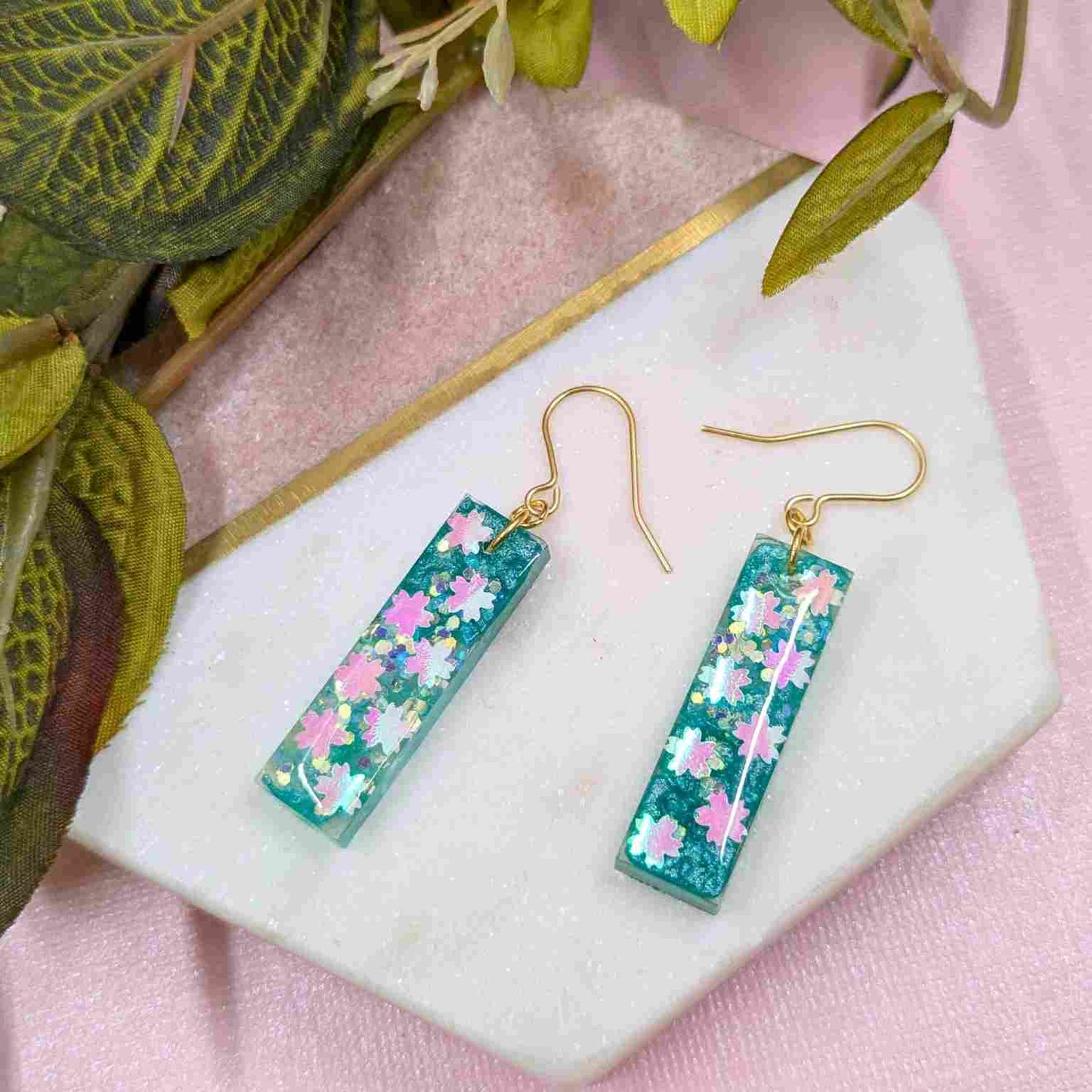 Odette Aqua Iridescent Flower Glitter Dangle Earrings - Handmade UK