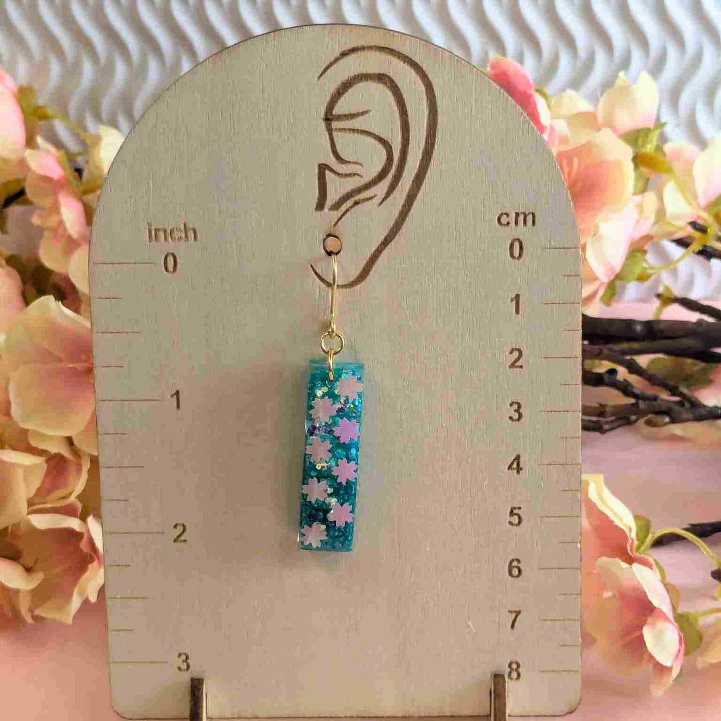 Odette Aqua Iridescent Flower Glitter Dangle Earrings - Handmade UK