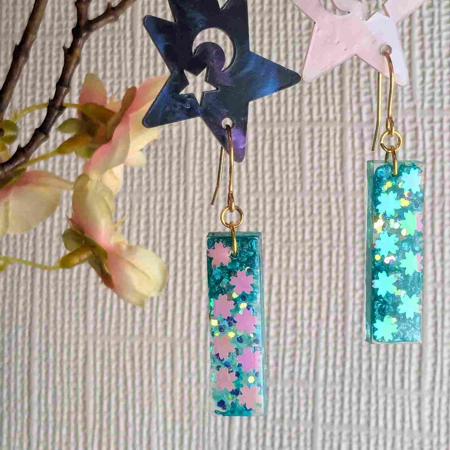 Odette Aqua Iridescent Flower Glitter Dangle Earrings - Handmade UK