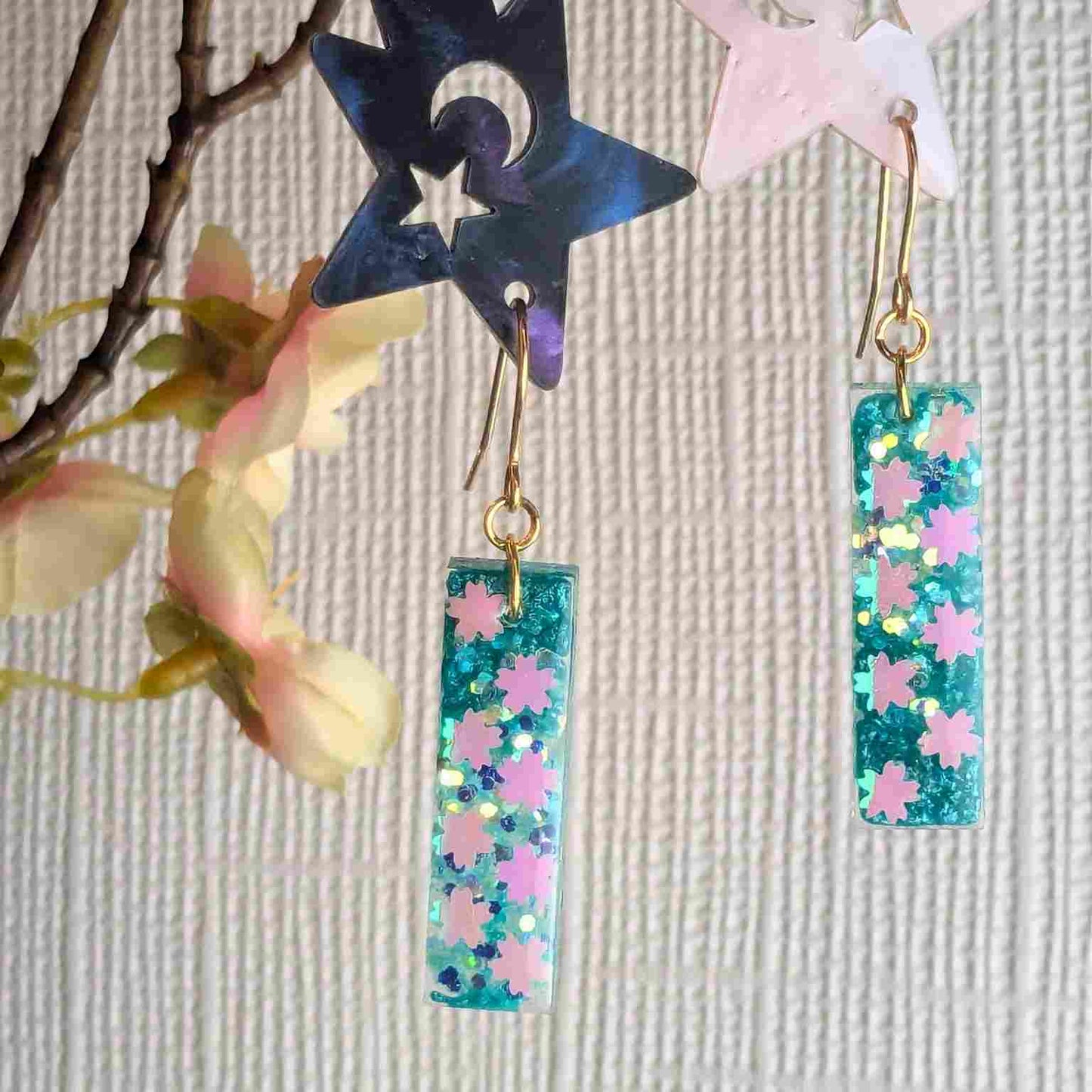Odette Aqua Iridescent Flower Glitter Dangle Earrings - Handmade UK