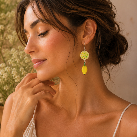 Chiquita Yellow Glitter Resin Circle & Glass Banana Charm Earrings | Tutti Fruity Collection by Created By Lau