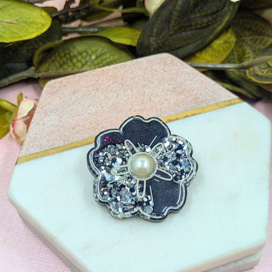 "Darby" Black and Silver Flower Brooch with Pearl Centre