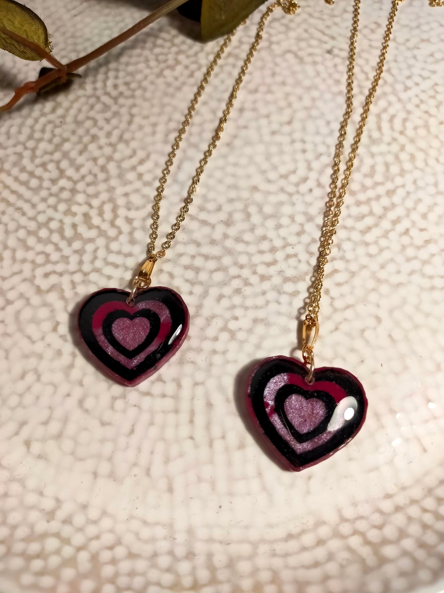 Resin Heart Necklace in Pink with Black detail and Gold Plated Chain
