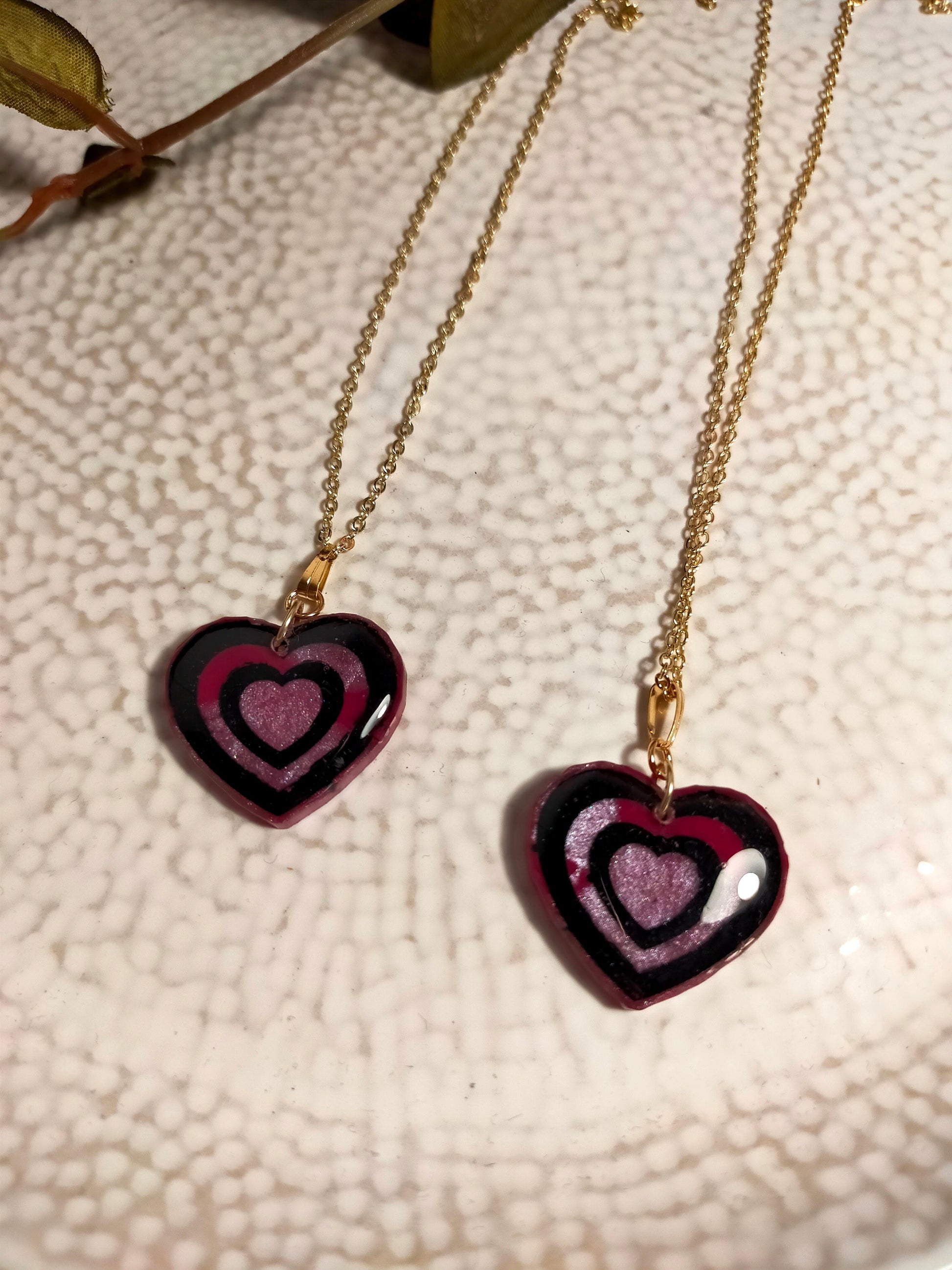Resin Heart Necklace in Pink with Black detail and Gold Plated Chain