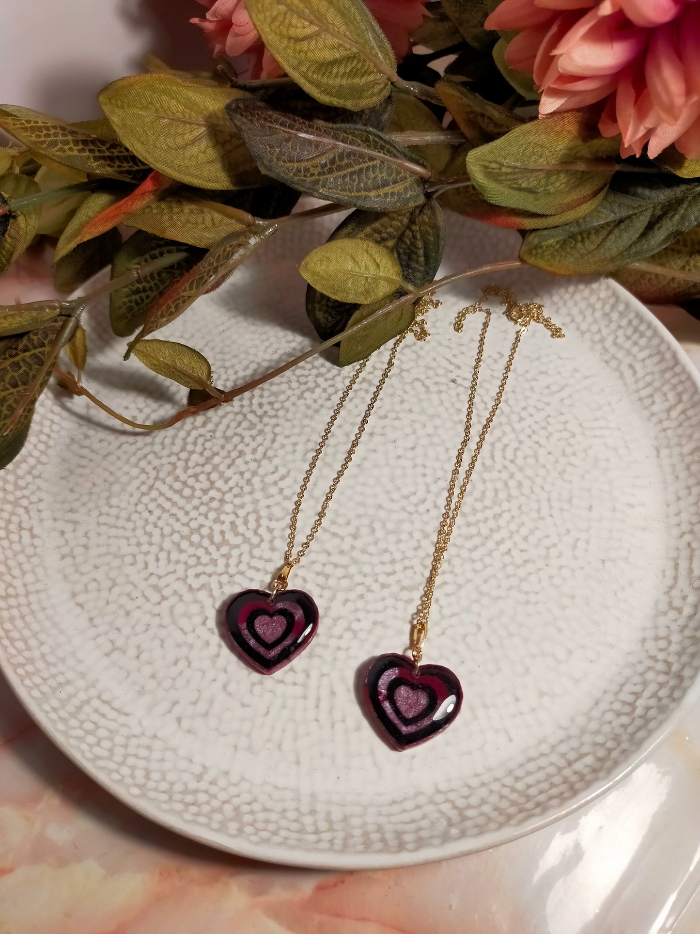Resin Heart Necklace in Pink with Black detail and Gold Plated Chain