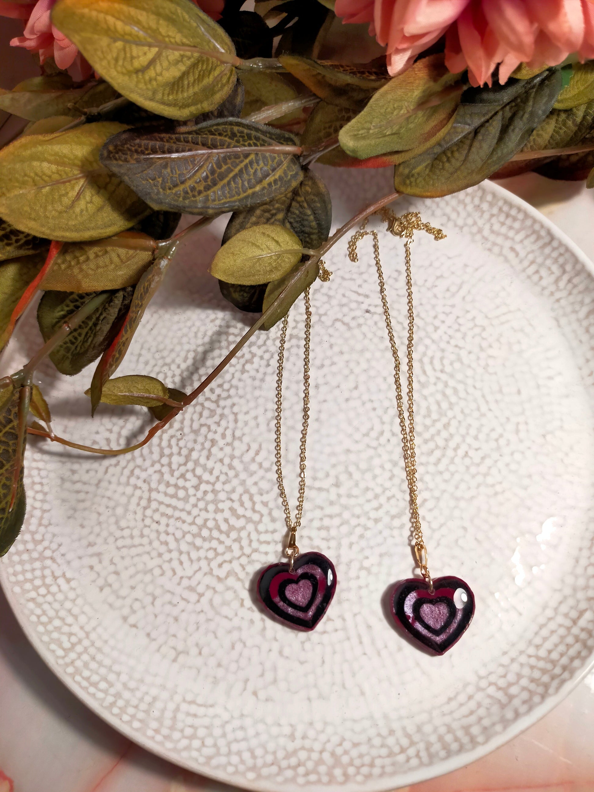 Resin Heart Necklace in Pink with Black detail and Gold Plated Chain