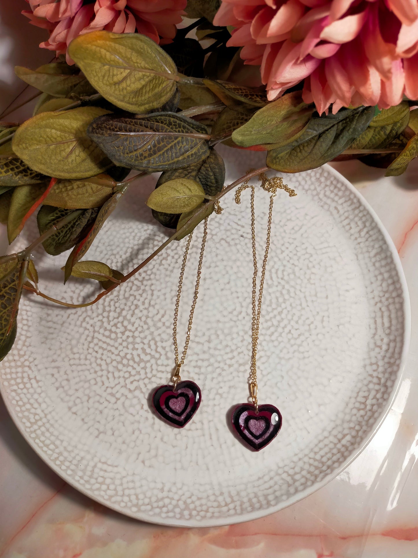Resin Heart Necklace in Pink with Black detail and Gold Plated Chain