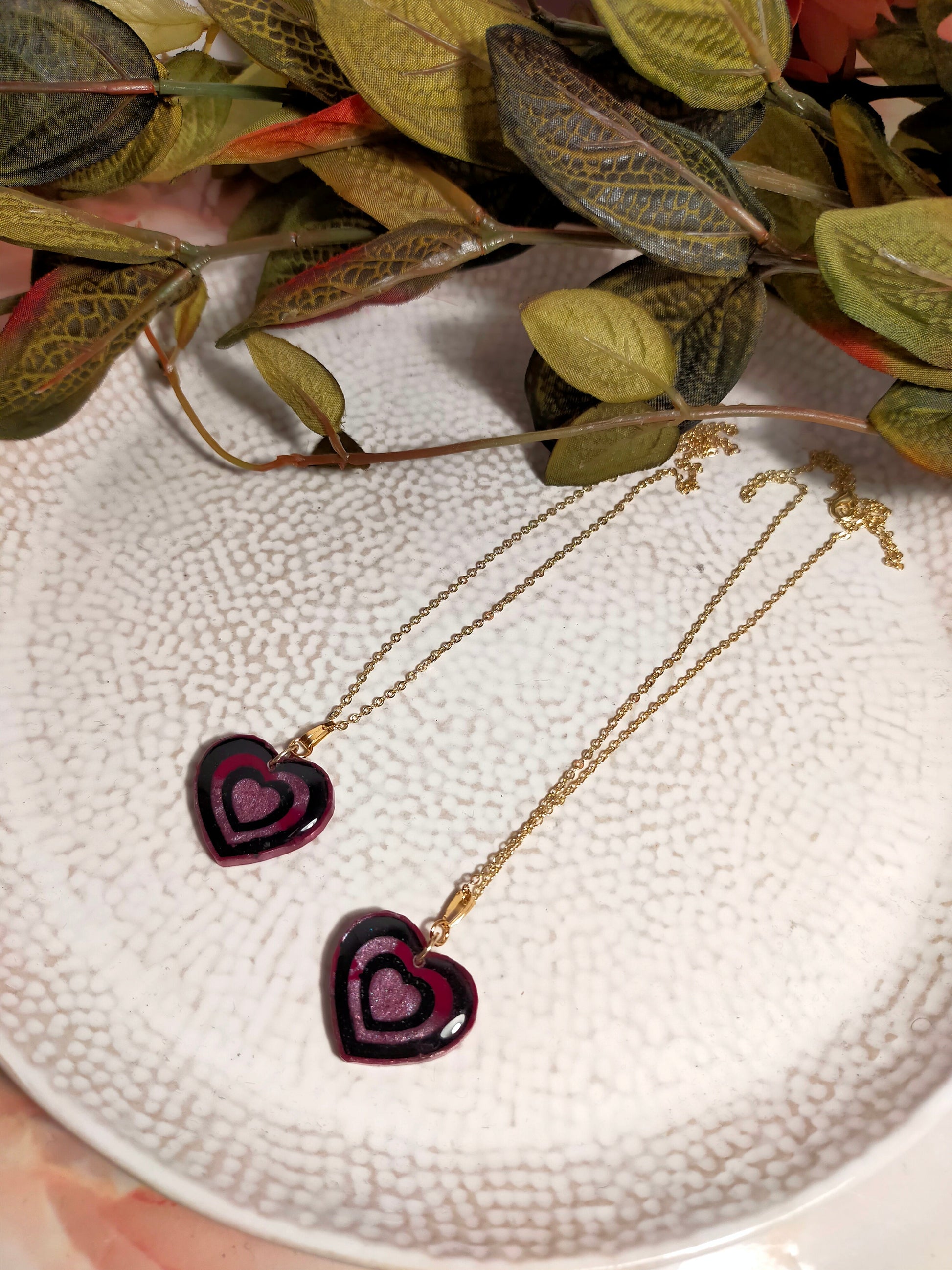 Resin Heart Necklace in Pink with Black detail and Gold Plated Chain
