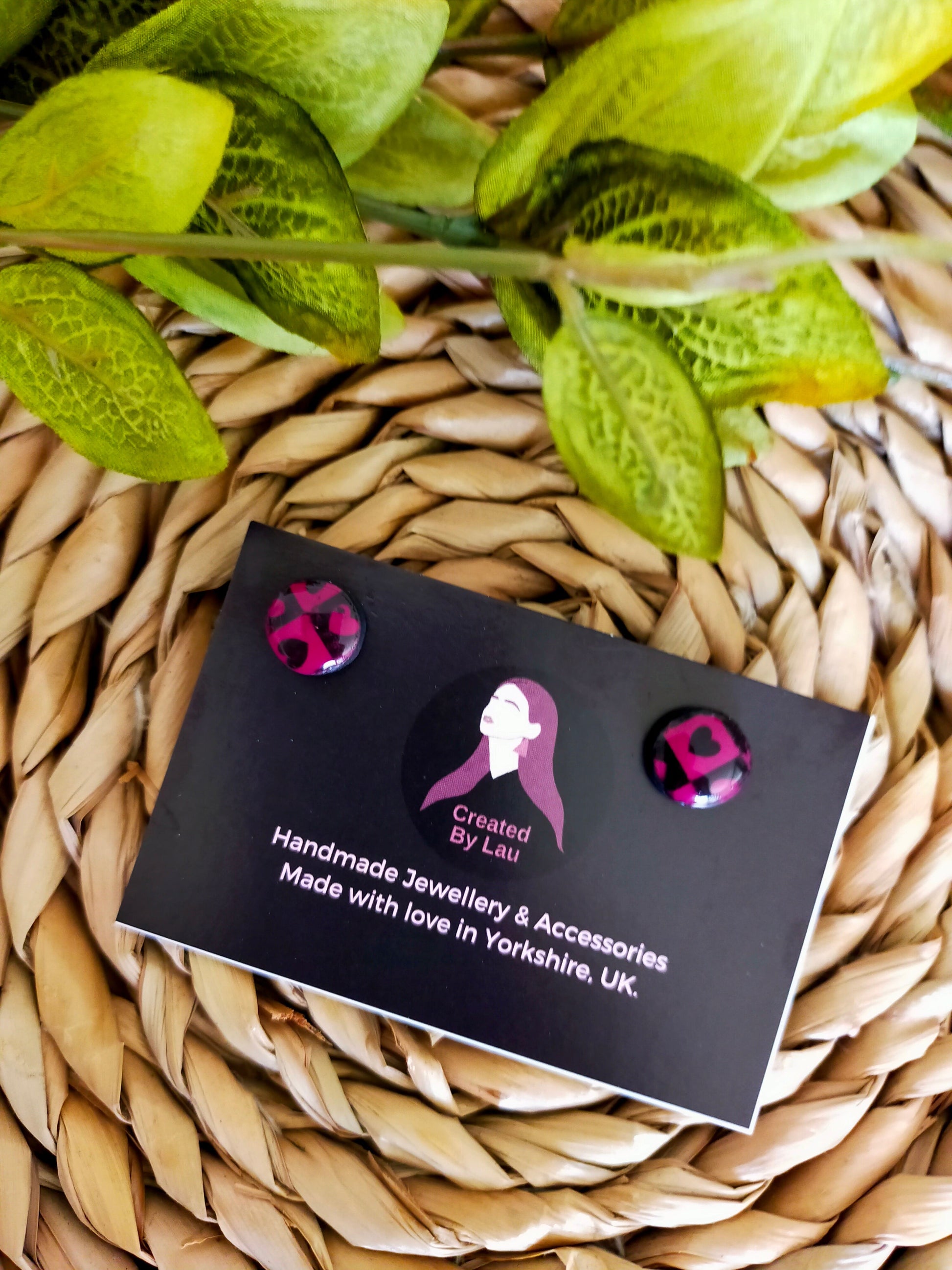 Polymer Clay Small Stud Earrings in Wine & Black Check Heart Design