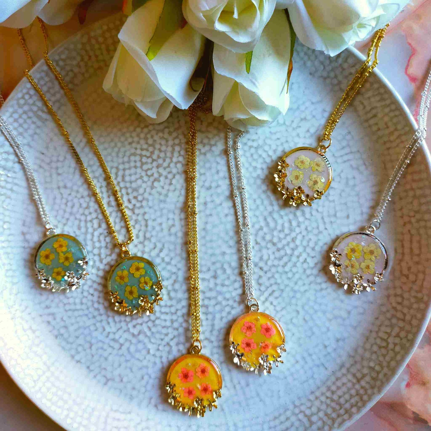 "Lucia" Cream Blossom on Pink Resin Flower Necklace