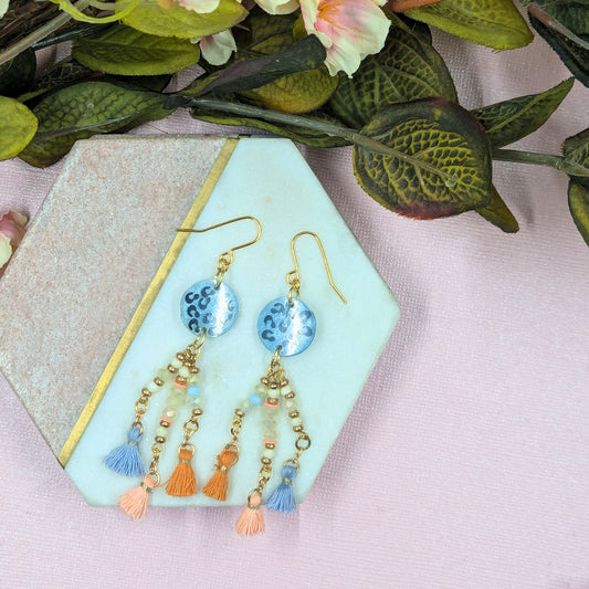 "Tabitha" Blue Animal Print Dangle Earrings with Recycled Beaded Tassel Charm