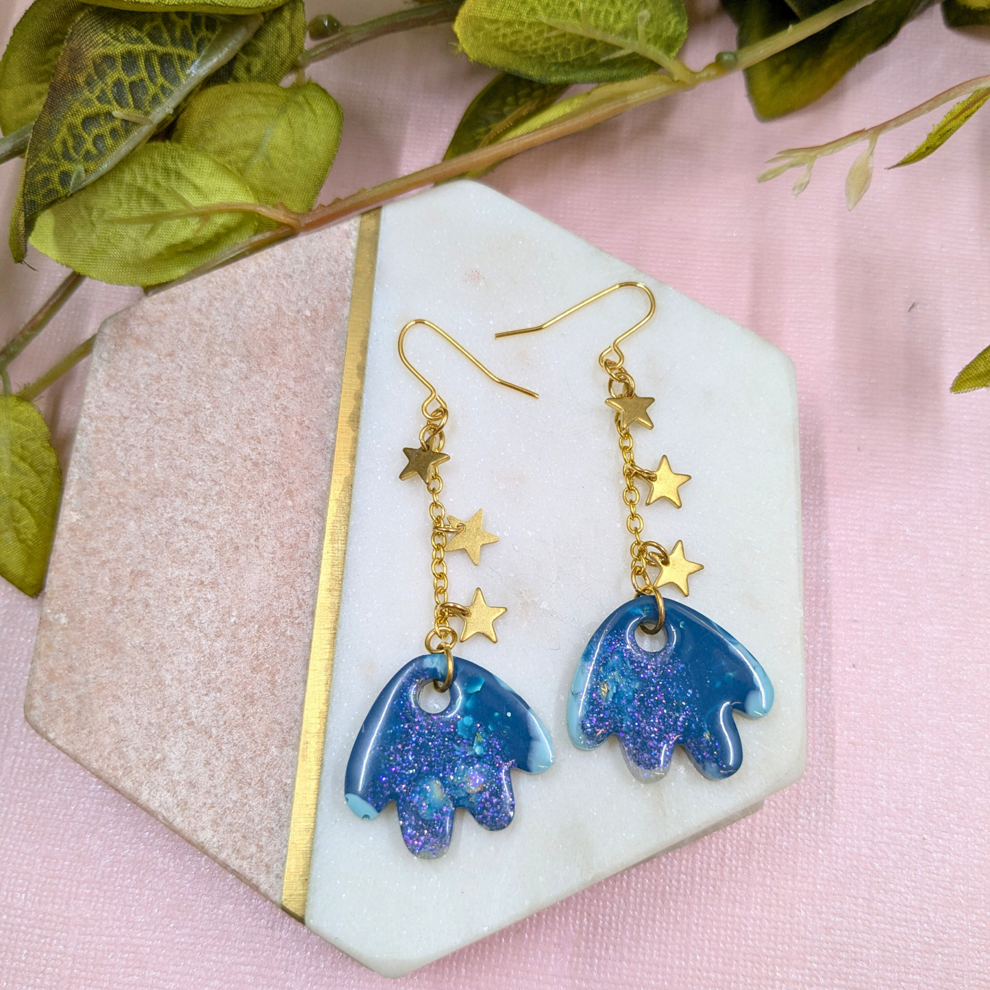 Tami Teal & Gold Resin Petal & Star Chain Dangle Earrings - Brass Charms - Handmade Yorkshire