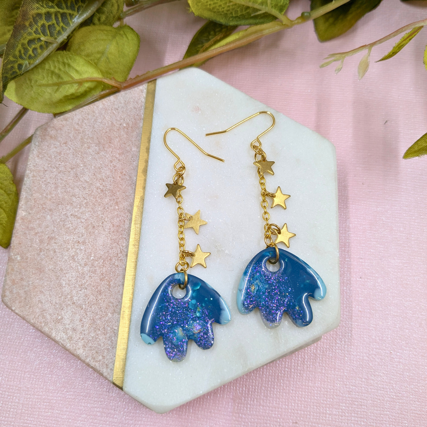 Tami Teal & Gold Resin Petal & Star Chain Dangle Earrings - Brass Charms - Handmade Yorkshire