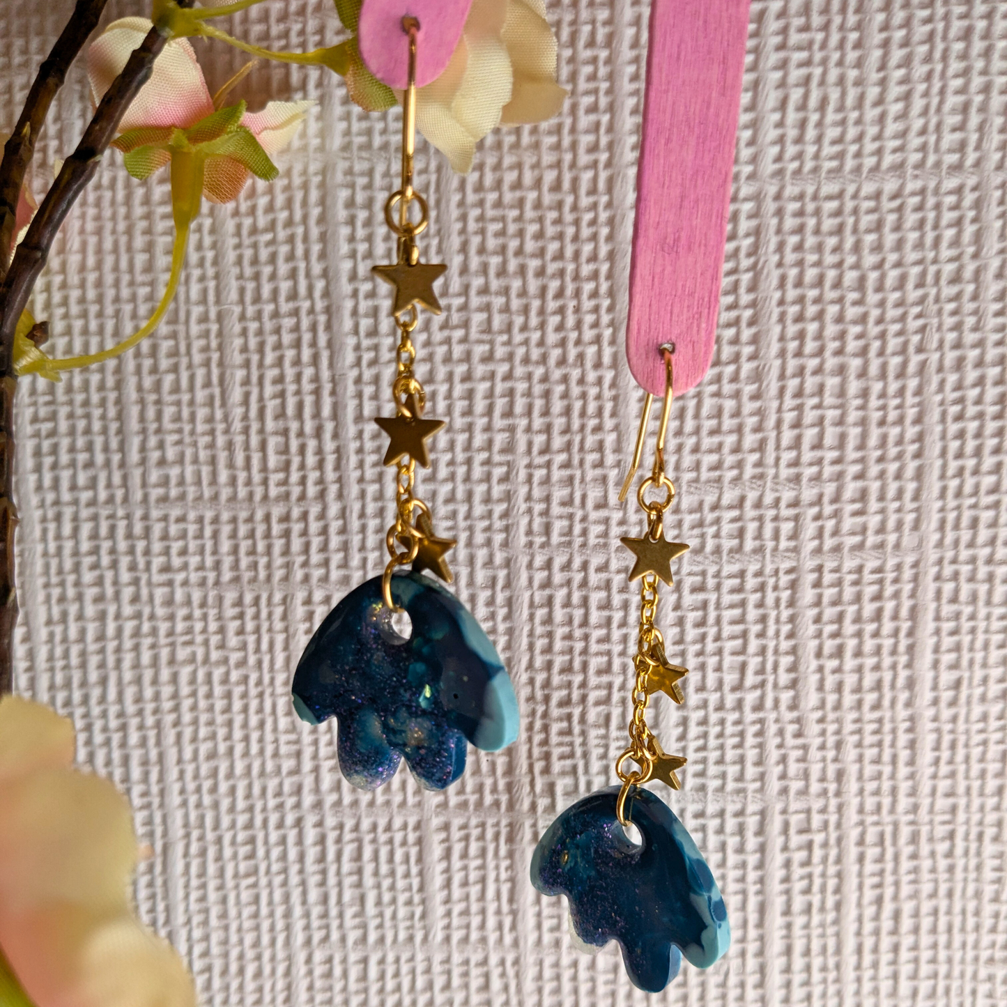 Tami Teal & Gold Resin Petal & Star Chain Dangle Earrings - Brass Charms - Handmade Yorkshire