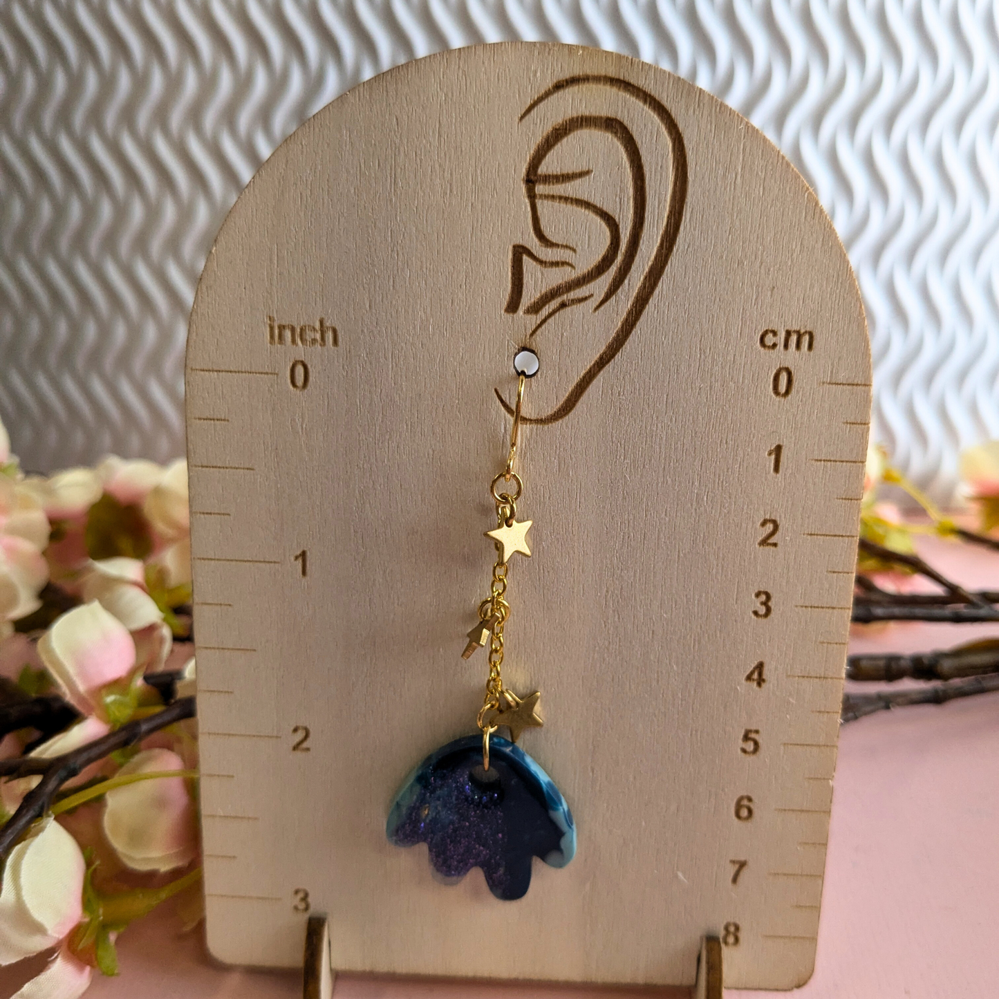 Tami Teal & Gold Resin Petal & Star Chain Dangle Earrings - Brass Charms - Handmade Yorkshire