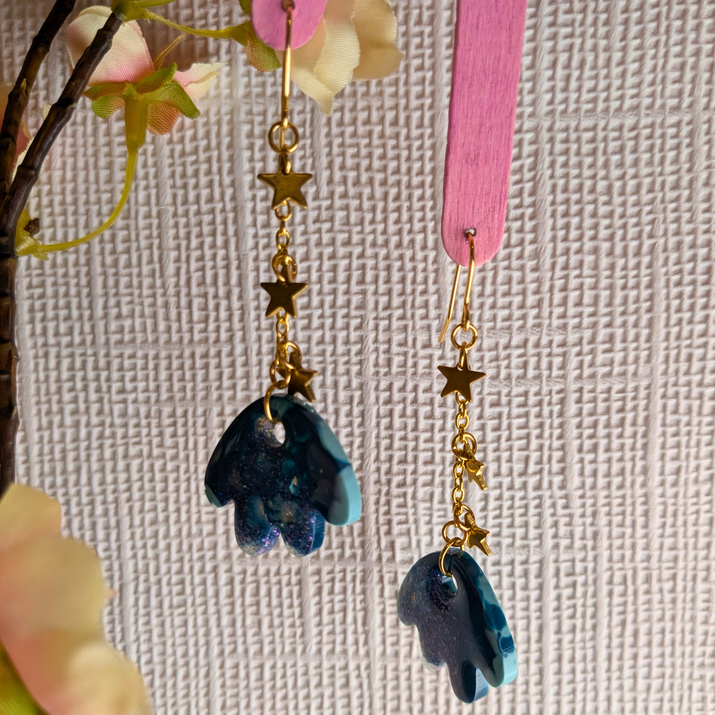 Tami Teal & Gold Resin Petal & Star Chain Dangle Earrings - Brass Charms - Handmade Yorkshire