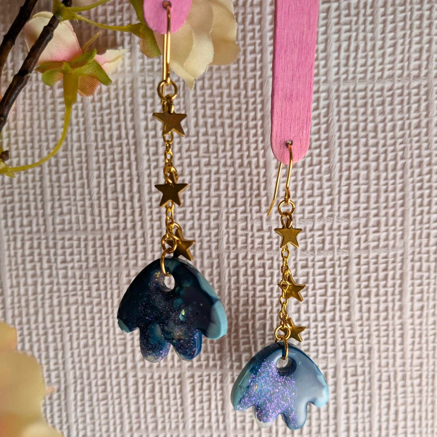 Tami Teal & Gold Resin Petal & Star Chain Dangle Earrings - Brass Charms - Handmade Yorkshire