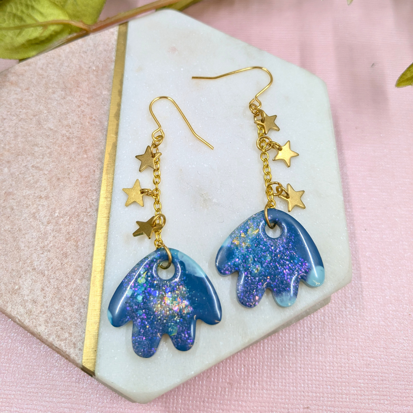 Tami Teal & Gold Resin Petal & Star Chain Dangle Earrings - Brass Charms - Handmade Yorkshire