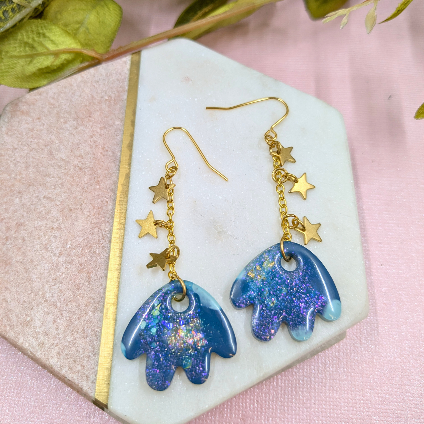 Tami Teal & Gold Resin Petal & Star Chain Dangle Earrings - Brass Charms - Handmade Yorkshire