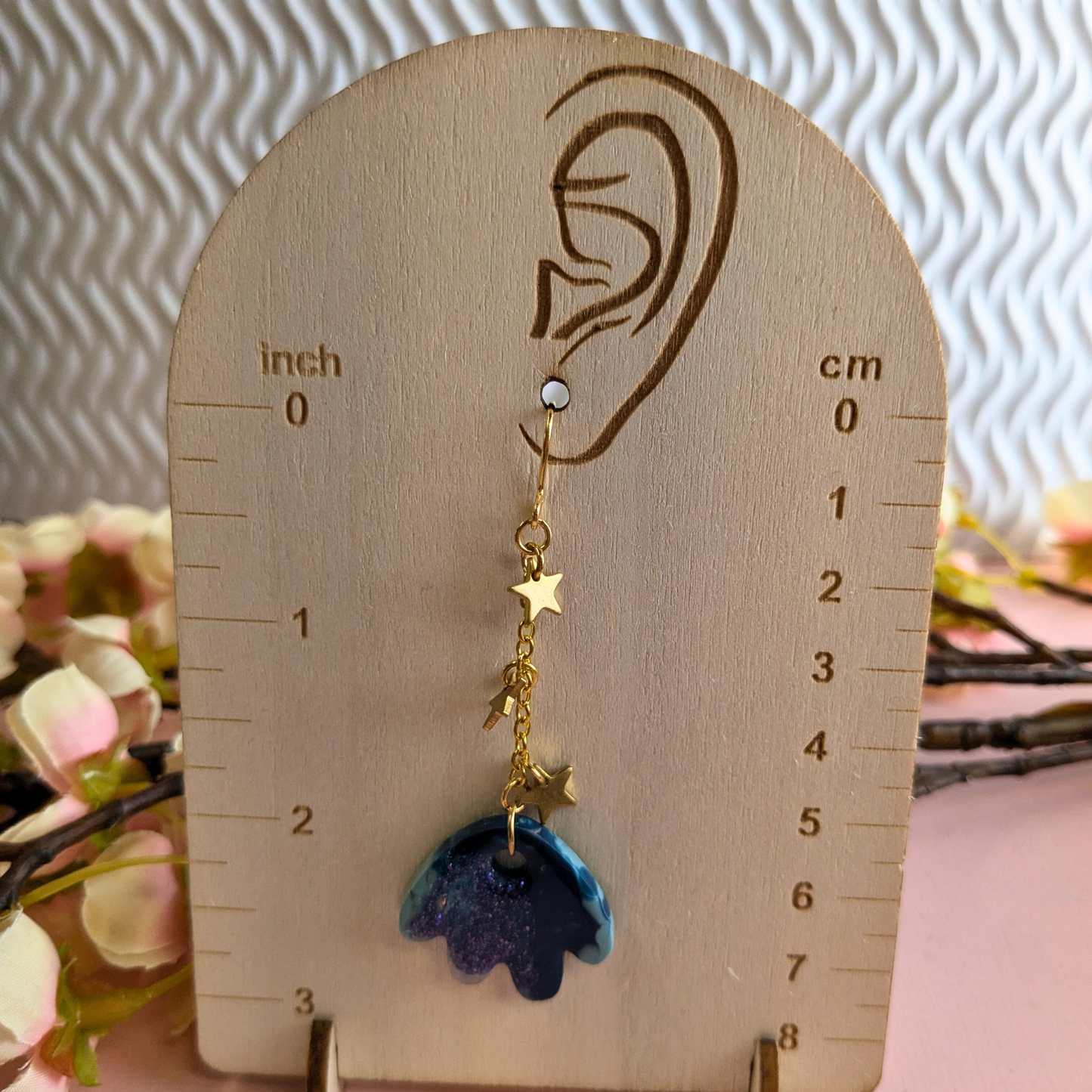 Tami Teal & Gold Resin Petal & Star Chain Dangle Earrings - Brass Charms - Handmade Yorkshire