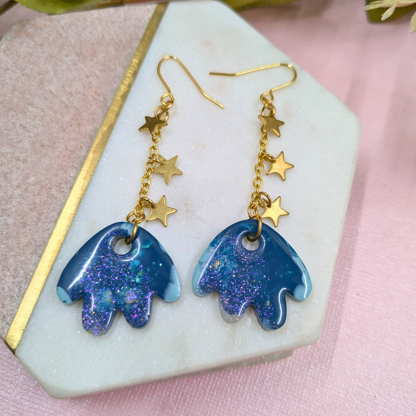 Tami Teal & Gold Resin Petal & Star Chain Dangle Earrings - Brass Charms - Handmade Yorkshire
