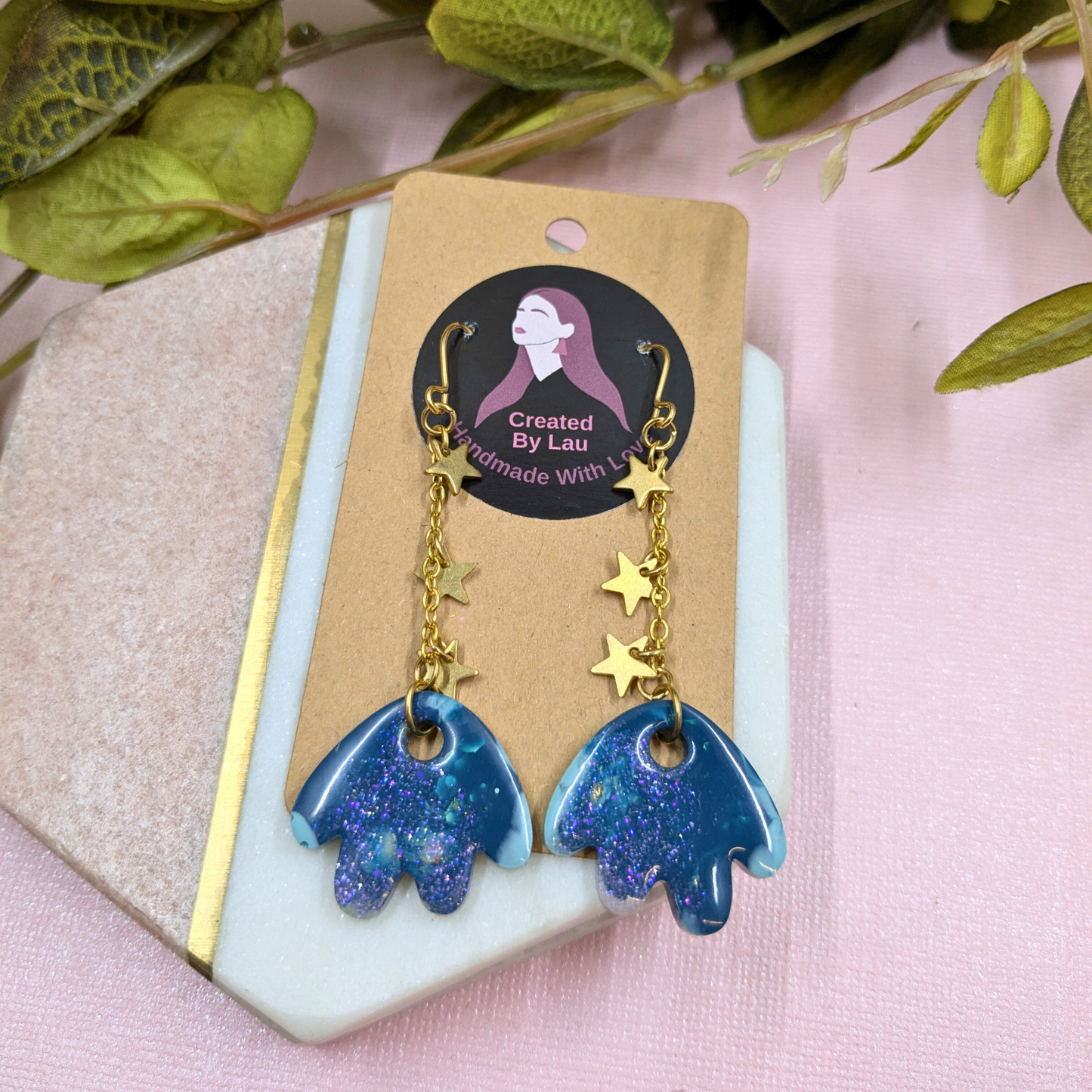 Tami Teal & Gold Resin Petal & Star Chain Dangle Earrings - Brass Charms - Handmade Yorkshire