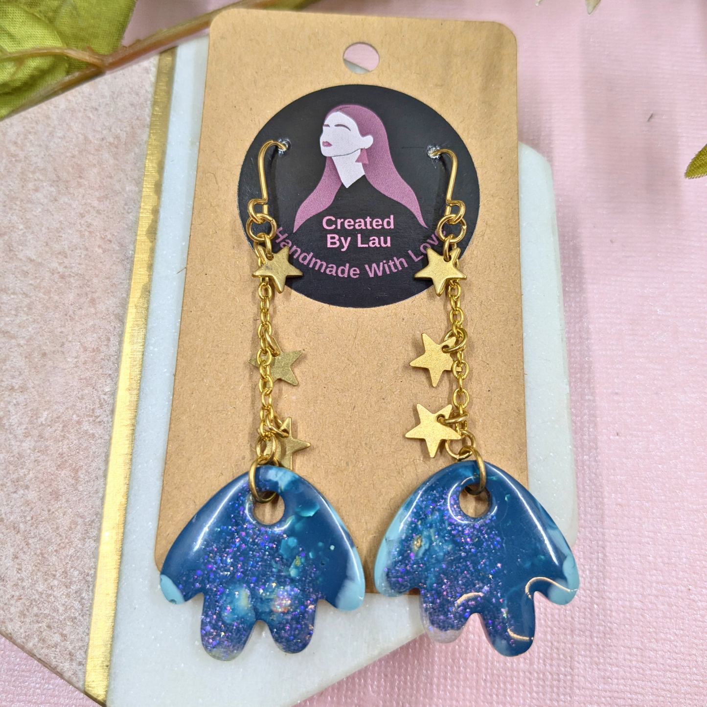 Tami Teal & Gold Resin Petal & Star Chain Dangle Earrings - Brass Charms - Handmade Yorkshire