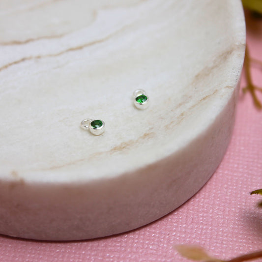Sterling Silver 3mm Round CZ Green Birthstone May Crystal Charm