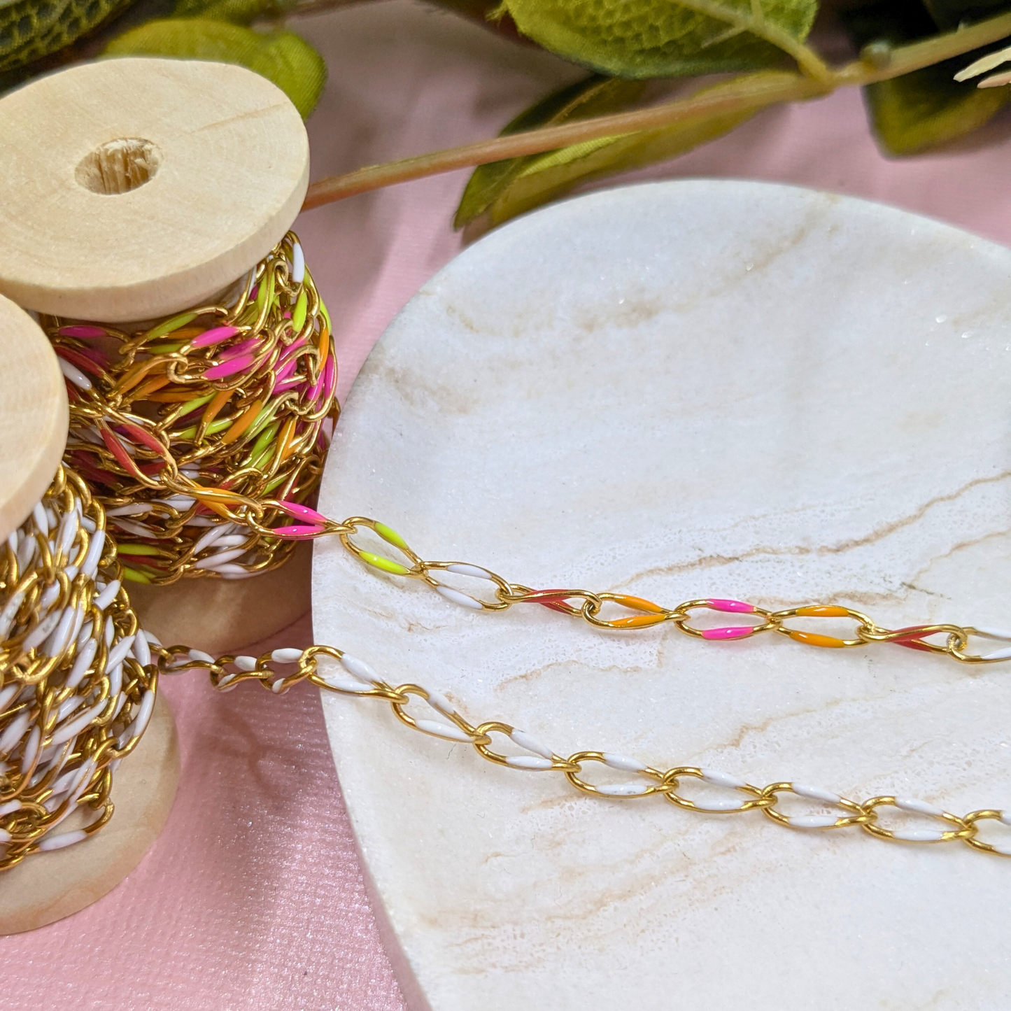 "Kingston" Stainless Steel Enamel Chain in Gold with Multi Enamel and Gold with White Enamel