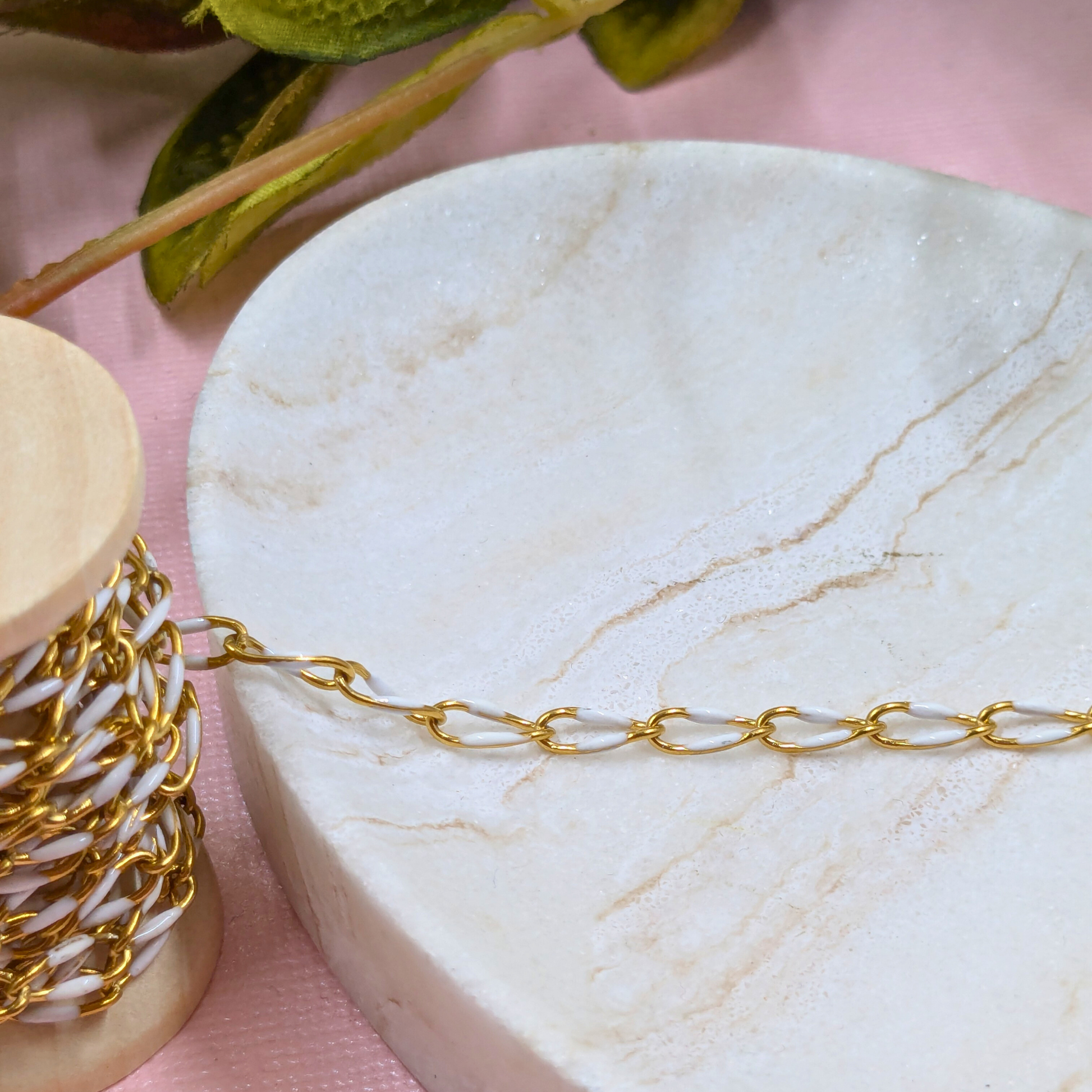 "Kingston" Stainless Steel Enamel Chain in Gold with White Enamel