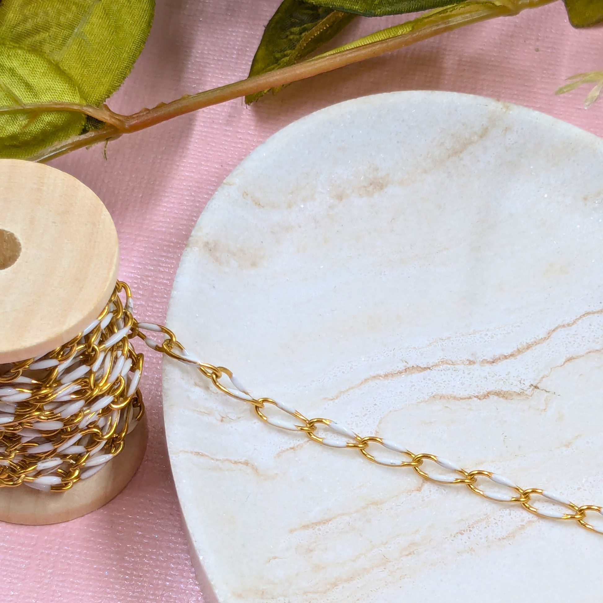 "Kingston" Stainless Steel Enamel Chain in Gold with White Enamel