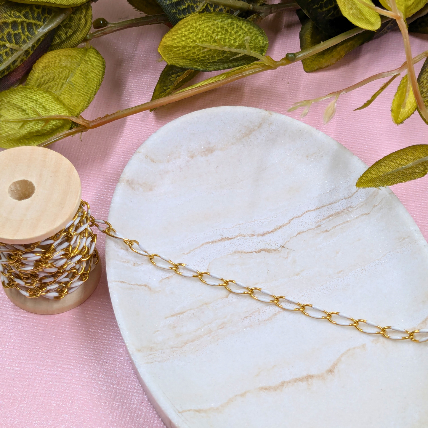 "Kingston" Stainless Steel Enamel Chain in Gold with White Enamel