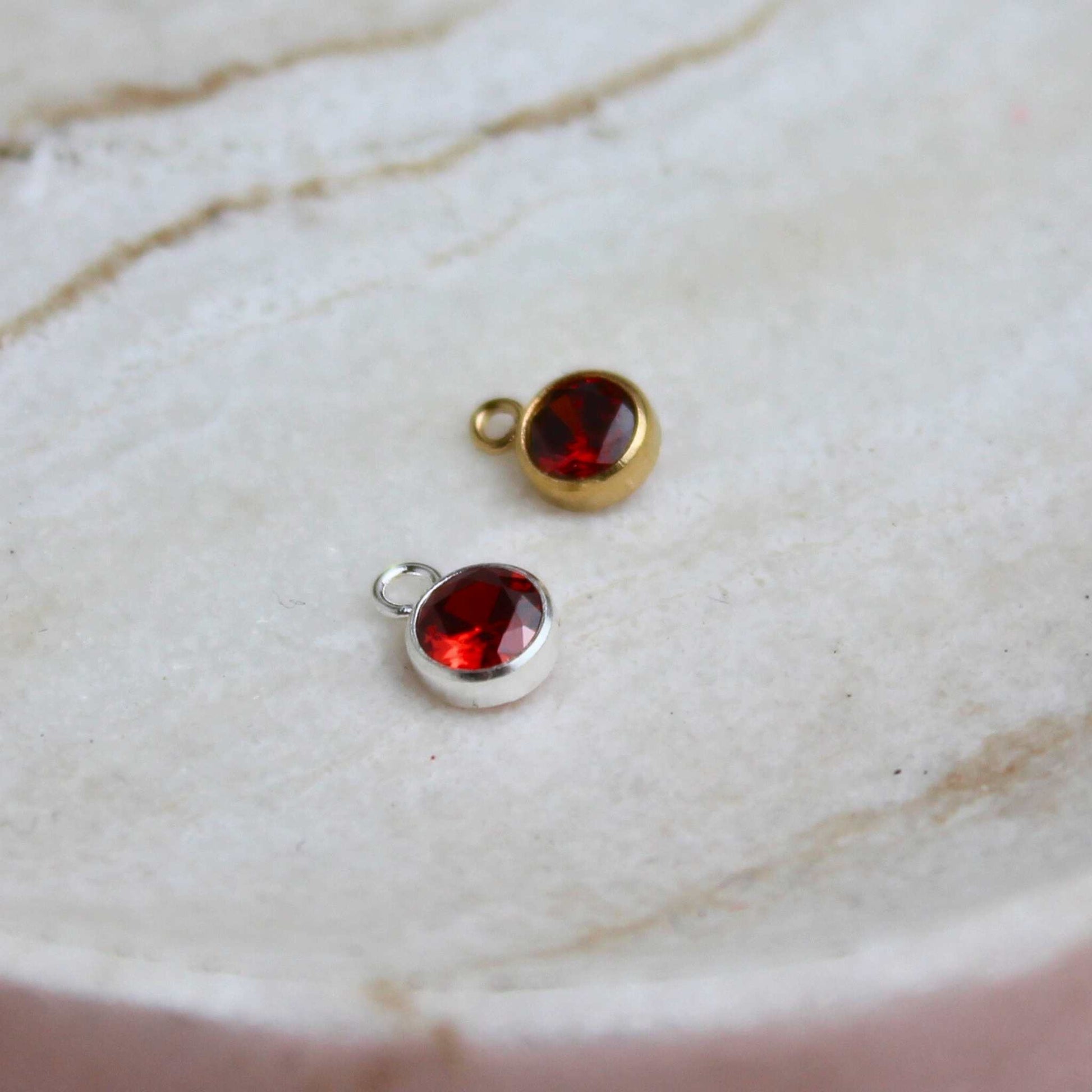 January - Red (Garnet) - 4mm Cubic Zirconia Birthstone Charm! Available in both Sterling Silver and Gold-Filled