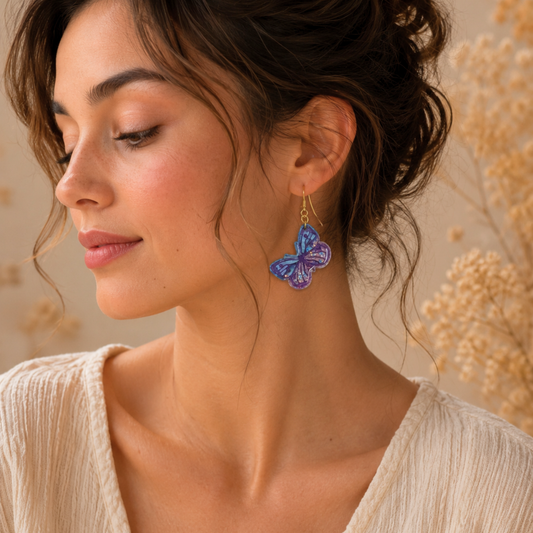 Yara Blue Pink Butterfly Dangle Earrings - Gold Plated Handmade UK