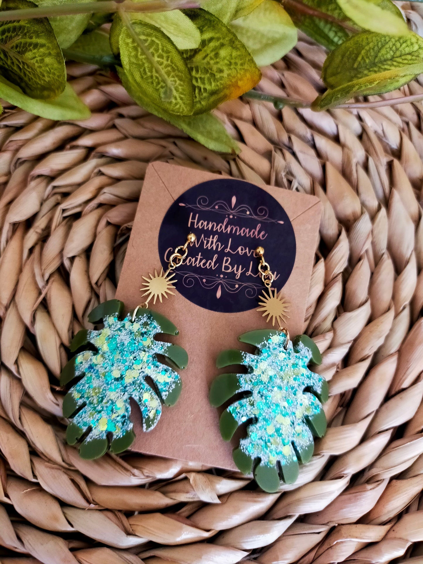 Monstera Leaf Khaki Green Glitter Statement Resin Dangle Earrings