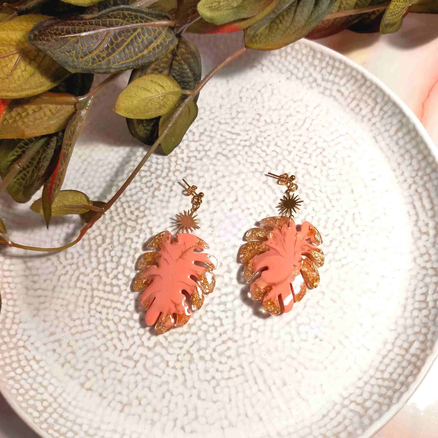 "Rory" Sun Leaf Statement Resin Dangle Earrings
