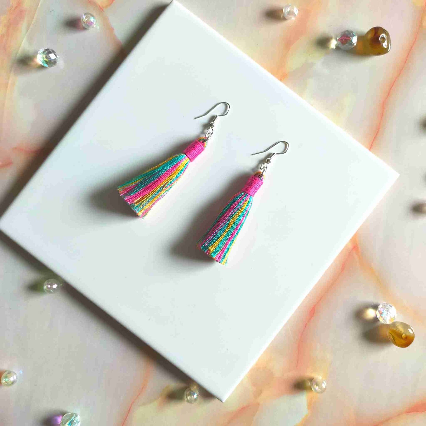 "Fallon Mini" Aqua, Yellow & Pink Mix Tassel Earrings